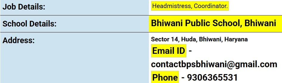 School Jobs at  Bhiwani Public School, Haryana  ,  Bhiwani